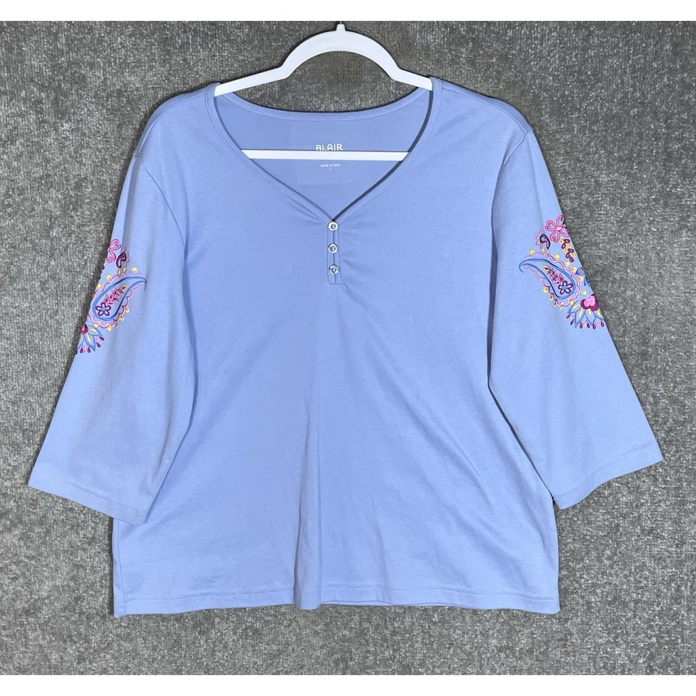 Blair Embroidered Floral Paisley Vneck Top Womens Size Large Blue 3/4 Sleeve